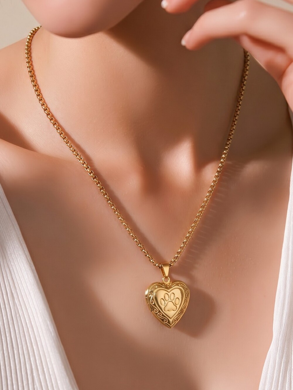 Paw Print Heart Locket Necklace Pet Memorial 18K Gold Plated Stainless Steel